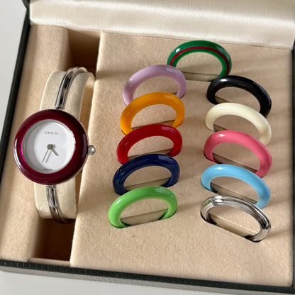 Gucci 1990s Interchangeable Bezel Stainless steel Bangle Watch with 12 bezels, case