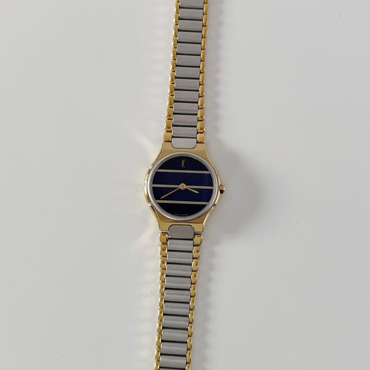 Yves Saint Laurent 1990s Navy Round Dial Two Tone Gold Plated Watch (8/15)