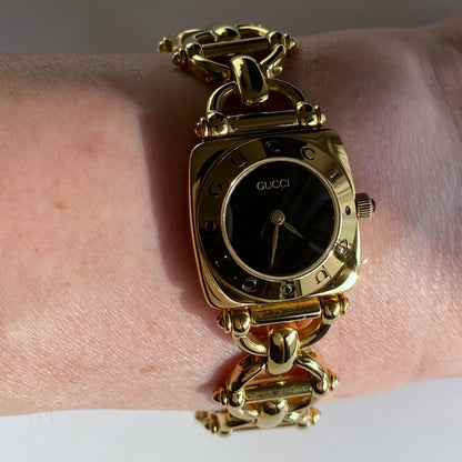 Gucci 1990s Black Dial Gold Plated Watch