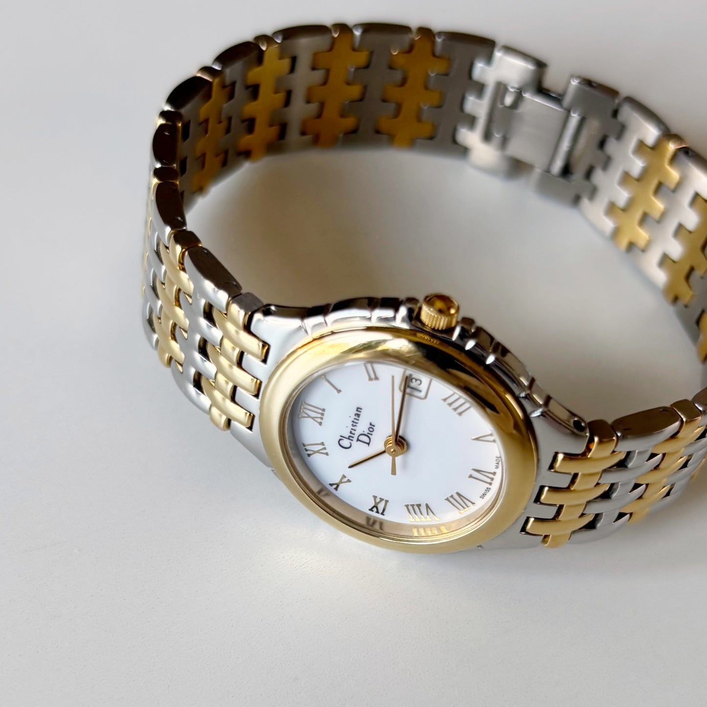 Dior 1990s Date Round Dial Two Tone Gold Plated Watch