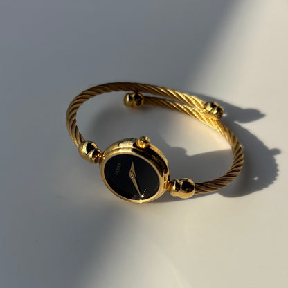 Gucci 1990s Black Dial Gold Plated Cable Bangle Watch