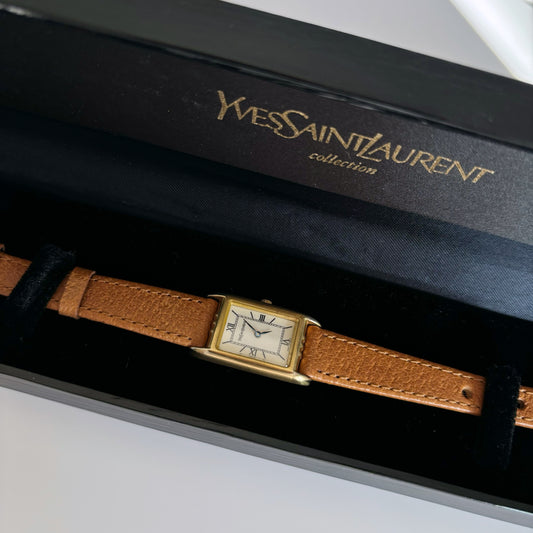 Yves Saint Laurent 80s Gold Tone Leather Rectangular Watch