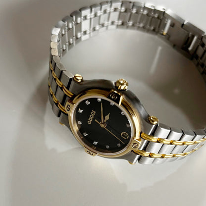 Gucci 1990s Black Dial Gold Plated Two Tone Watch