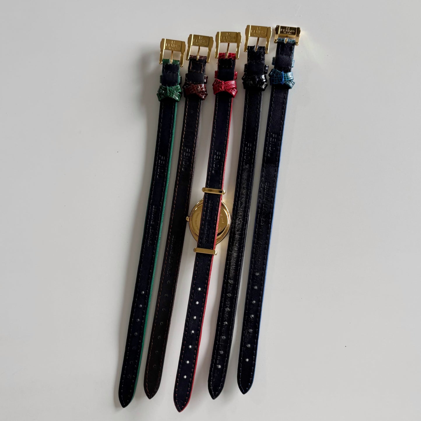 Fendi 1990s Interchangeable Strap Gold Plated Watch with 5 straps, case