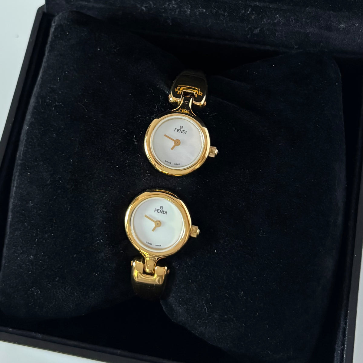 Fendi 1990s Seashell Dial Two Time Zone Gold Plated Bangle Watch