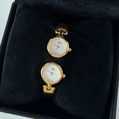 Fendi 1990s Seashell Dial Two Time Zone Gold Plated Bangle Watch