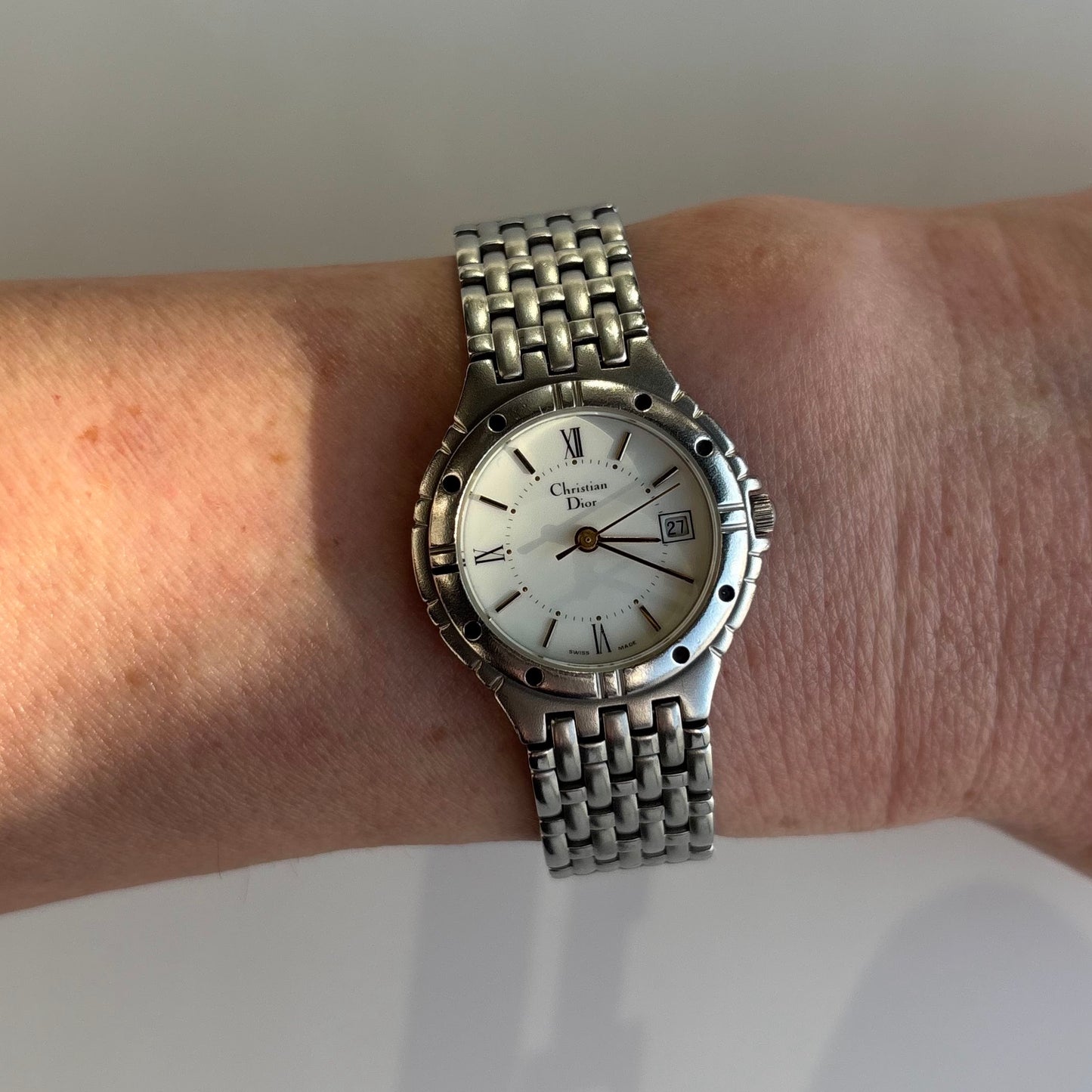Dior 1990s Date Round Dial Silver Watch