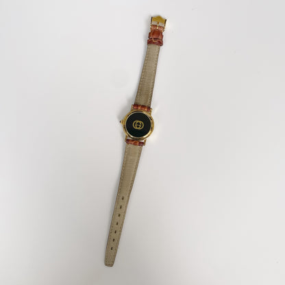 Gucci 1990s Date Gold Plated Round Leather Strap Watch