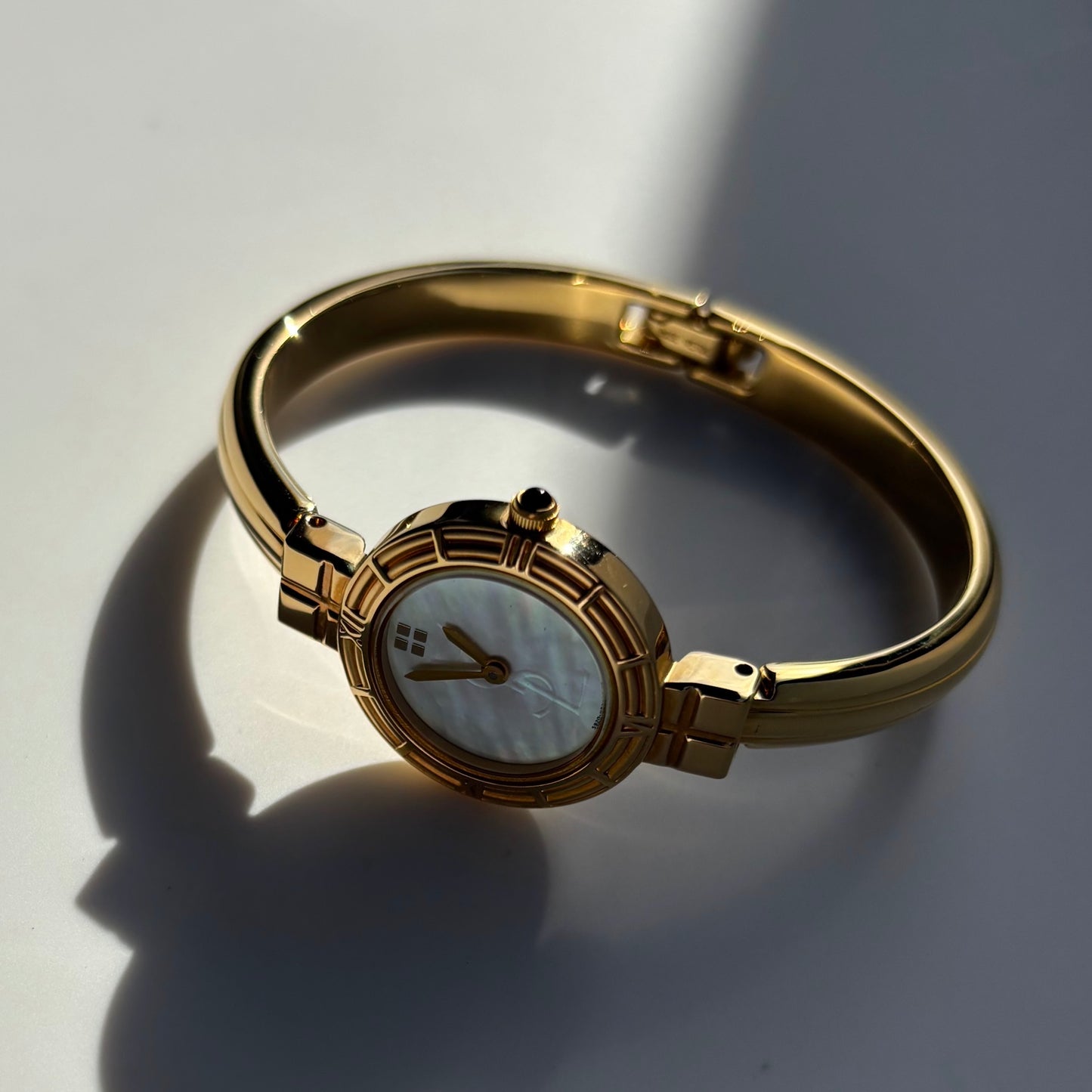 Yves Saint Laurent 1990s Seashell Dial Gold Plated Bangle Watch (Small)