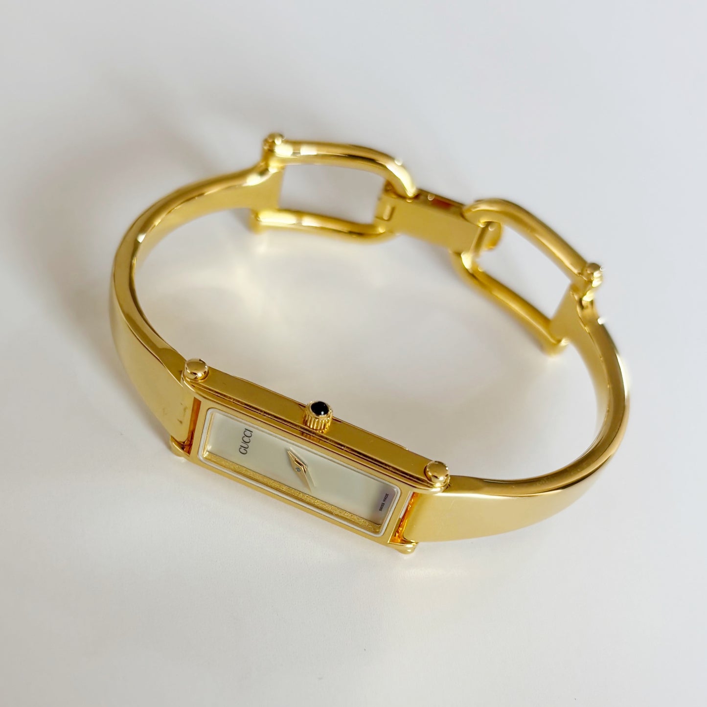 Gucci 1990s Seashell Dial Rectangular Gold Plated Bangle Watch