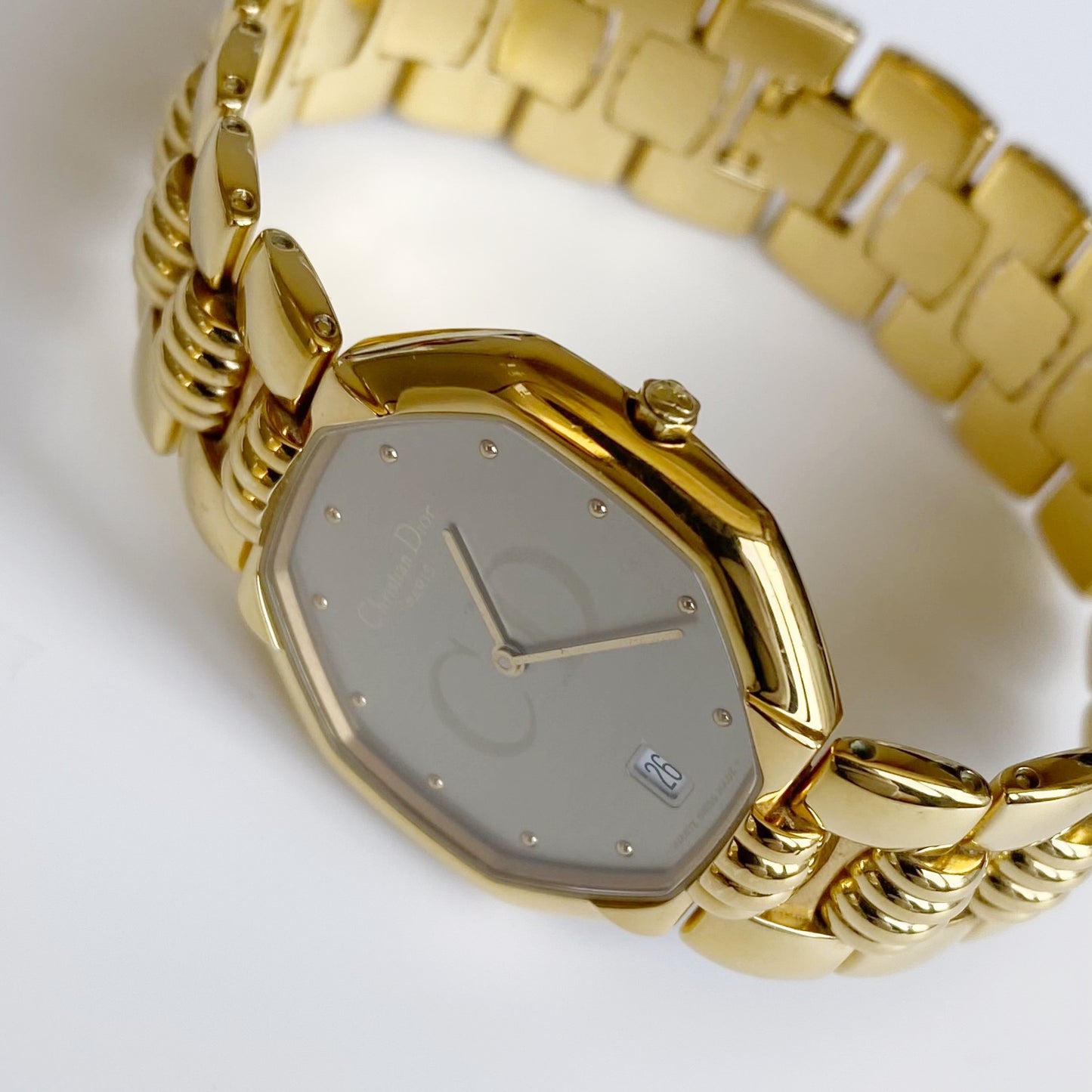 Dior 1990s Octagon Date Gray Dial Gold Plated Watch