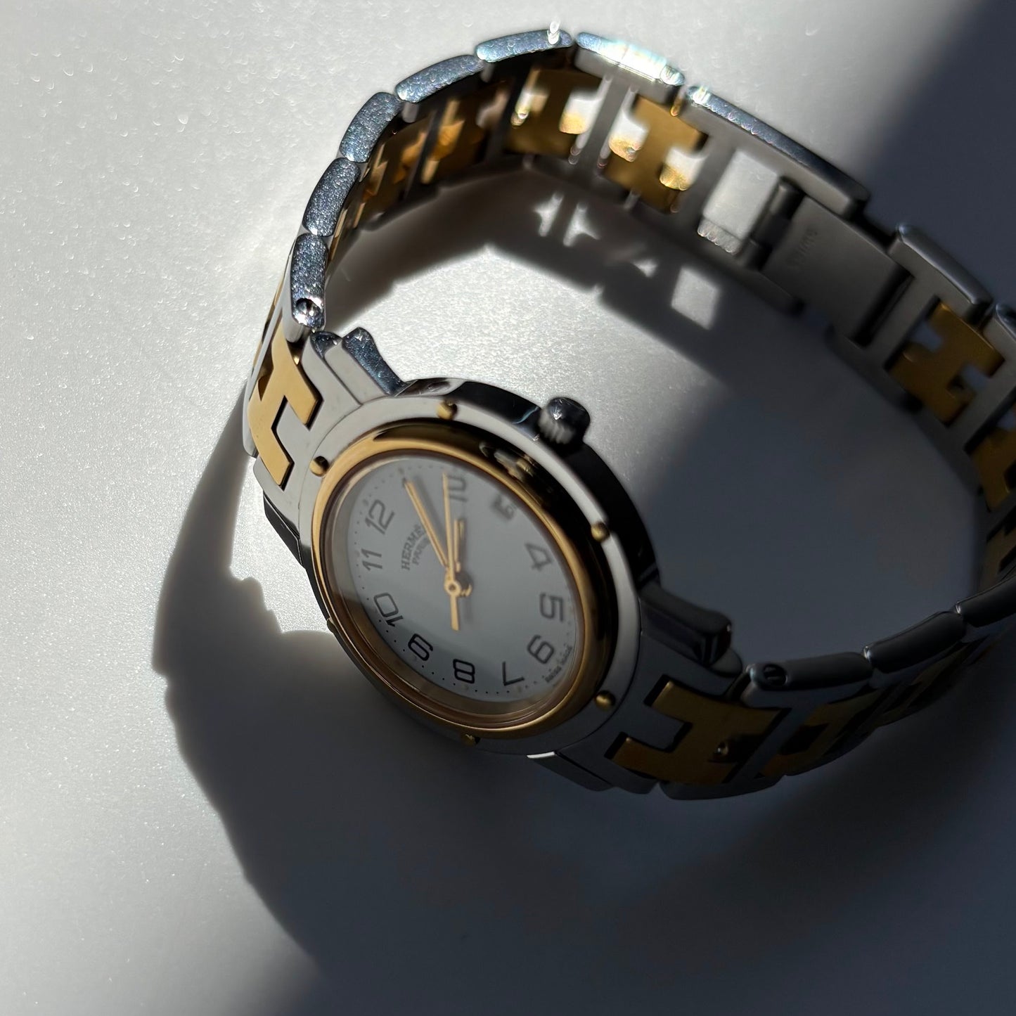 Hermes 1990s Clipper Date Round Dial Two Tone Gold Plated Watch
