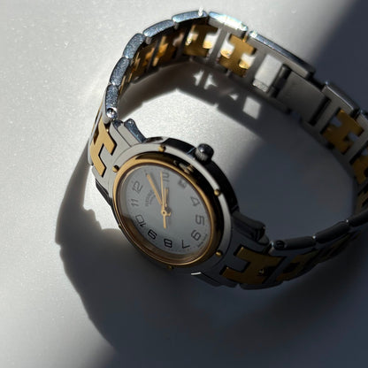 Hermes 1990s Clipper Date Round Dial Two Tone Gold Plated Watch