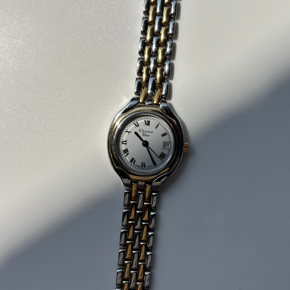 Dior 1990s Date Round Dial Gold Plated Two Tone Watch