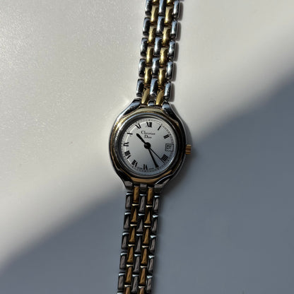 Dior 1990s Date Round Dial Gold Plated Two Tone Watch