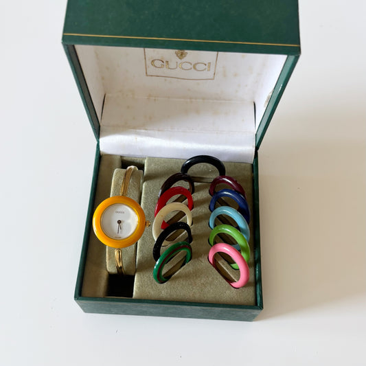 Gucci 1990s Interchangeable Bezel Gold Plated Watch with 12 bezels, case