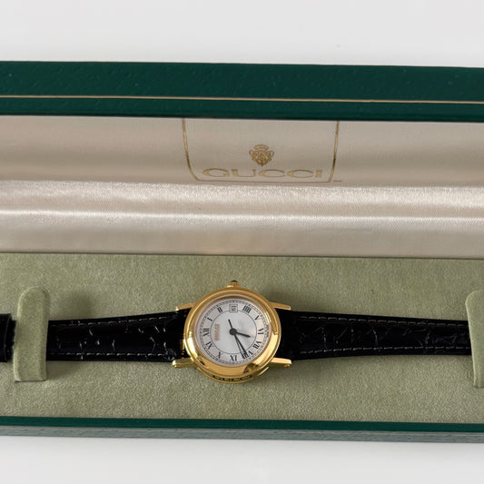 Gucci 1990s Date Round Dial Gold Plated Watch