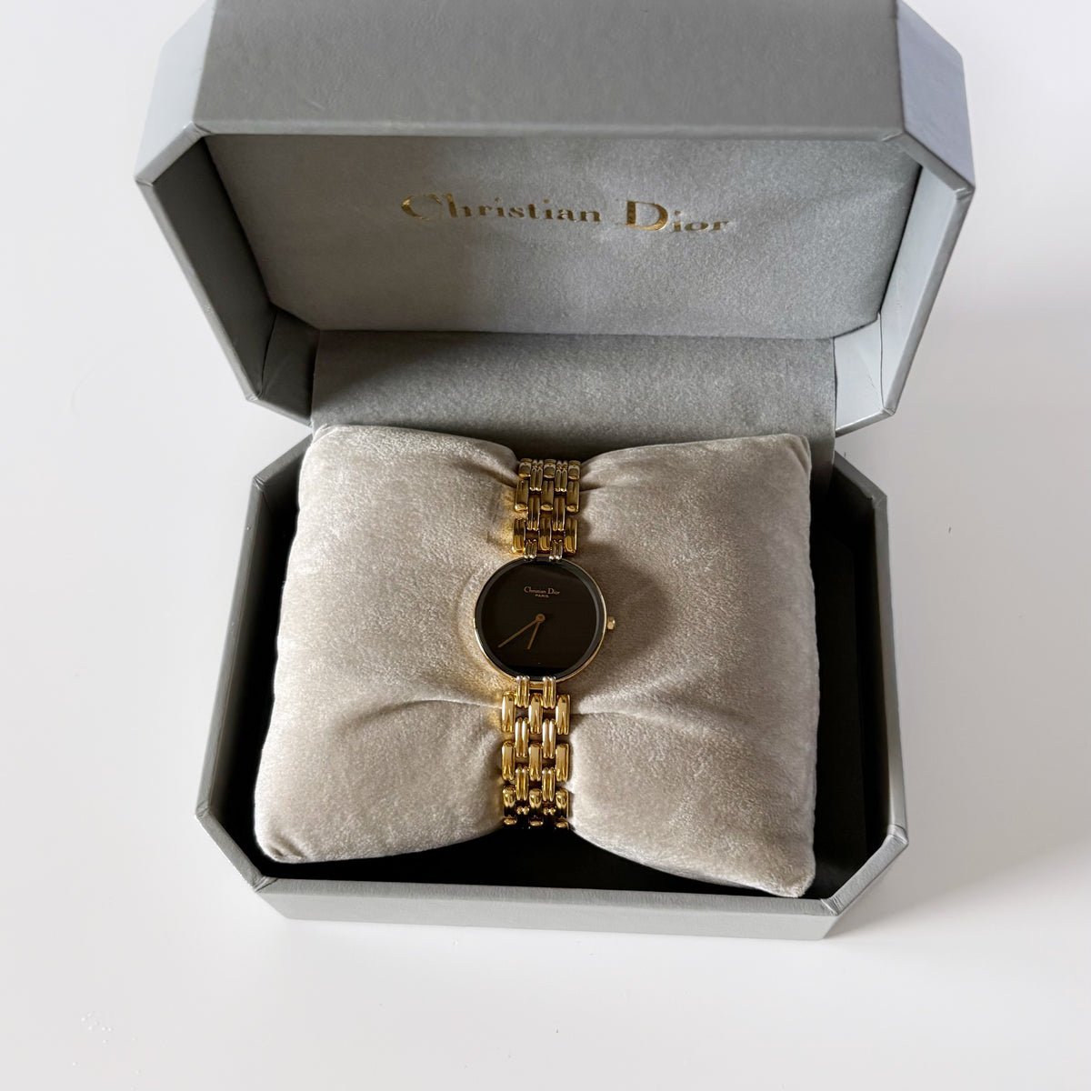 Dior 1990s Bagheera Round Black Dial Gold Plated Watch