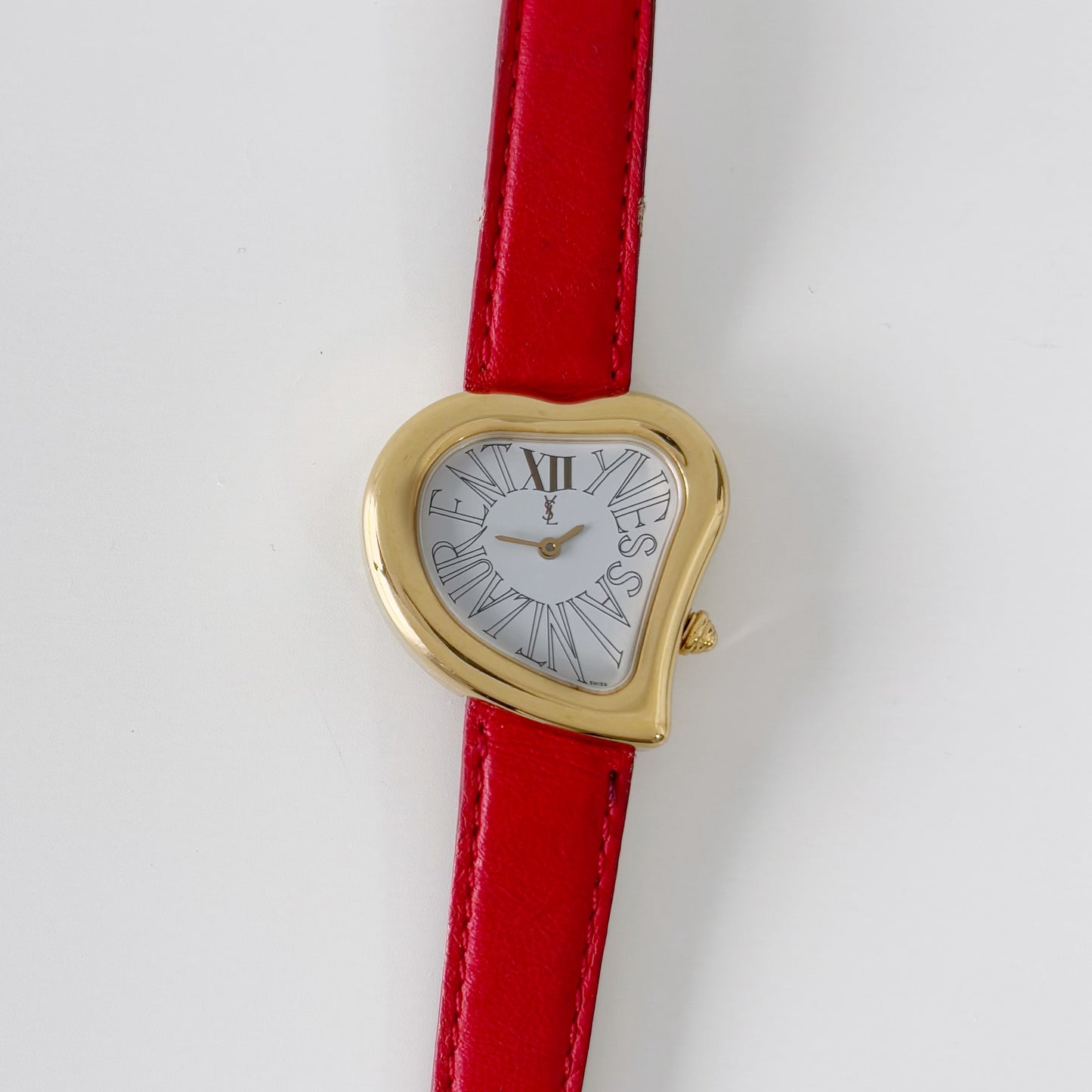 Yves Saint Laurent 1990s Heart Shaped Gold Plated Red Watch