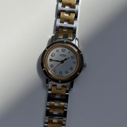 Hermes Early 2000s Clipper White Round Dial Two Tone Watch