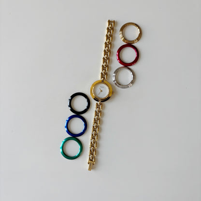 990s Interchangeable Bezel Gold Plated Rice Chain Watch with case, 6 bezels (160mm)