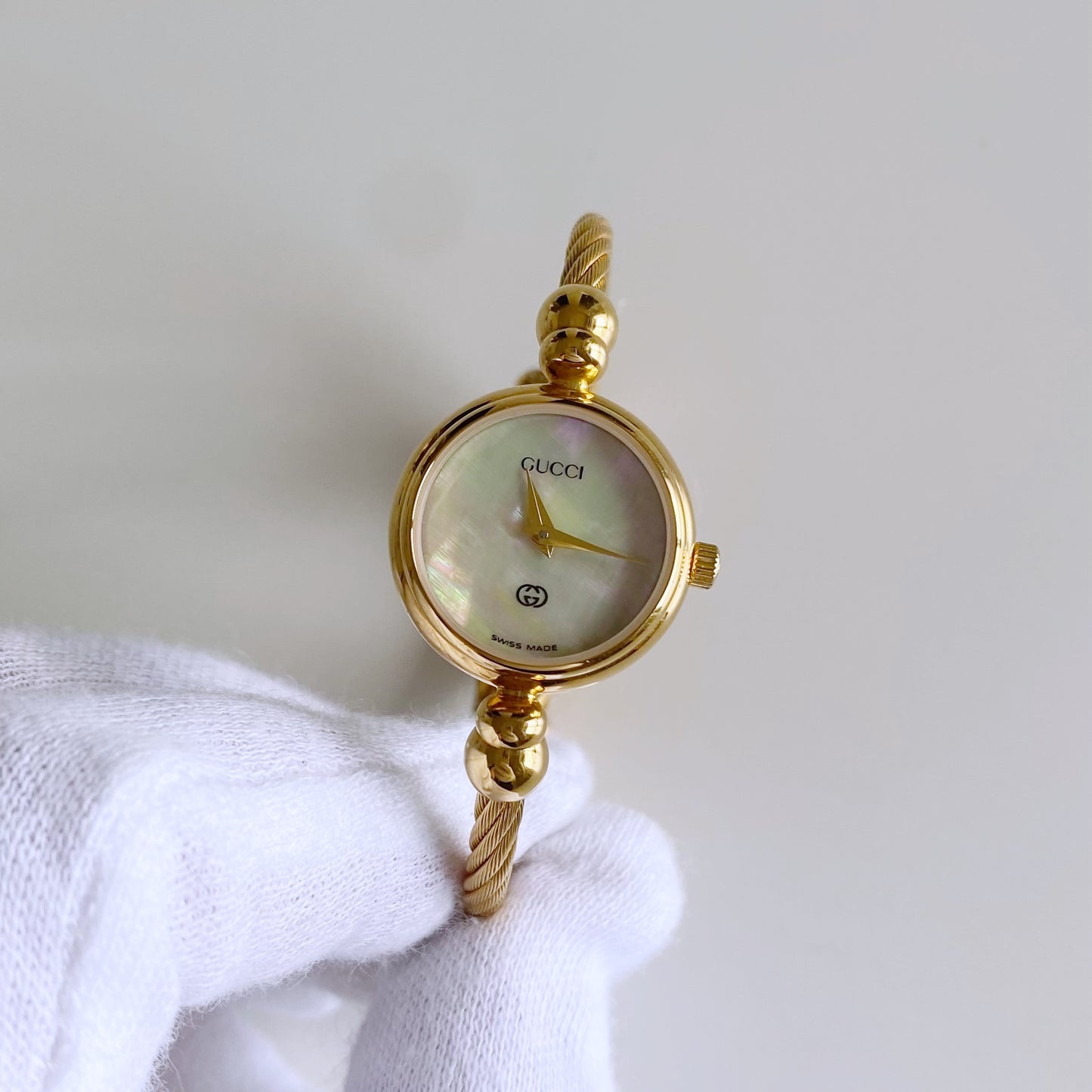 Gucci 1990s Seashell Dial Gold Plated Cable Bangle Watch