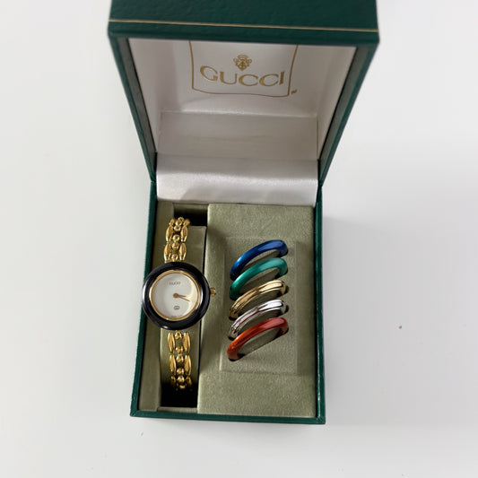 Gucci 1990s Interchangeable Bezel Gold Plated Watch with 6 bezels. case (160mm)
