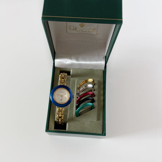 Gucci Interchangeable Bezel Gold Plated Rice Chain Watch with 6 bezels, case (168mm)