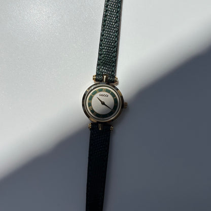 Gucci 1990s Round Dial Cherry Green Gold-Plated Watch