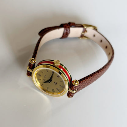 Gucci 1990s Round Gold Dial Gold Plated Watch