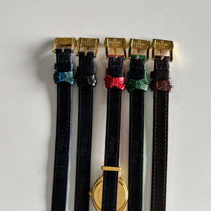 Fendi 1990s Interchangeable Strap Gold Plated Watch with 5 straps, case