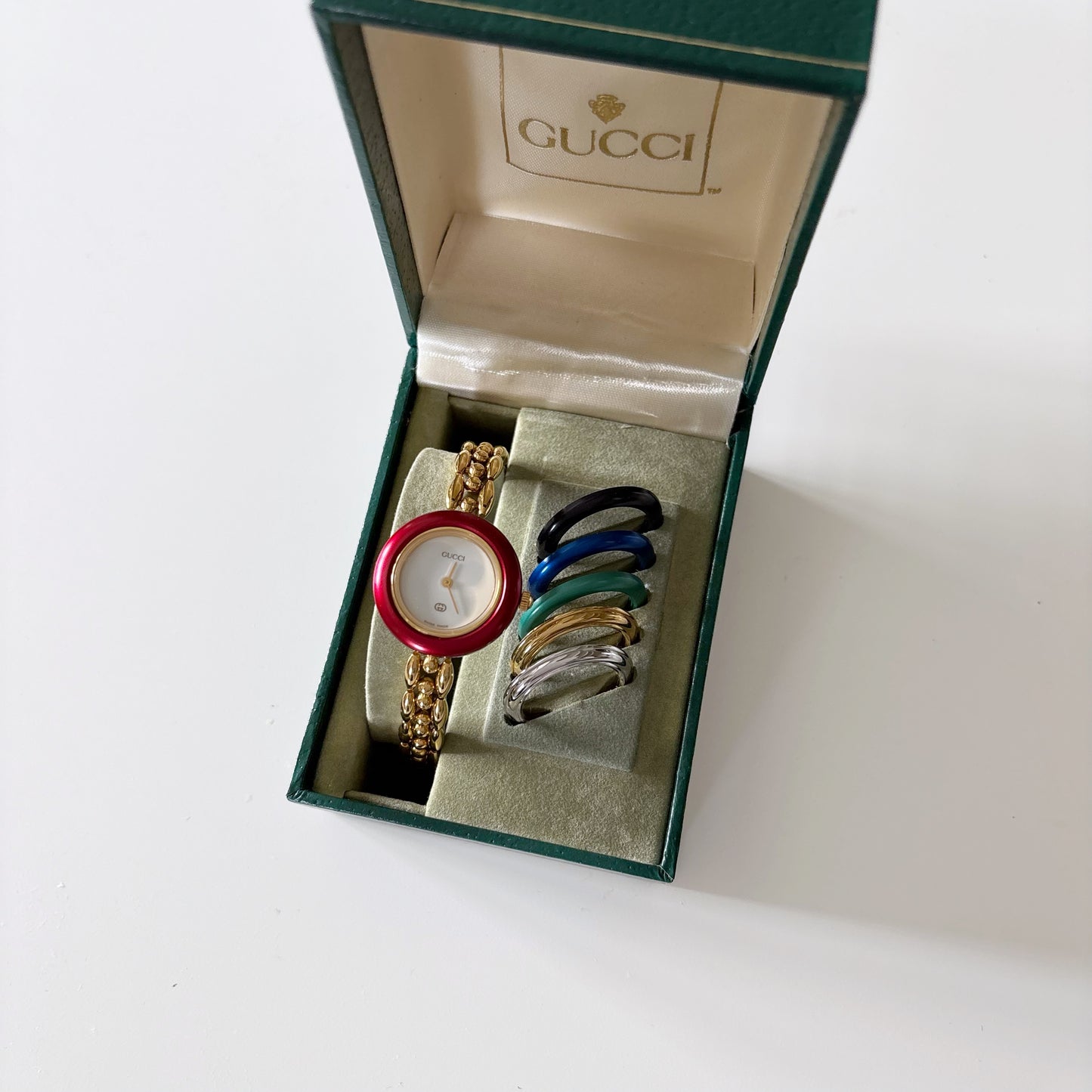 Gucci 1990s Interchangeable Bezel Gold Plated Watch with 6 bezels, case