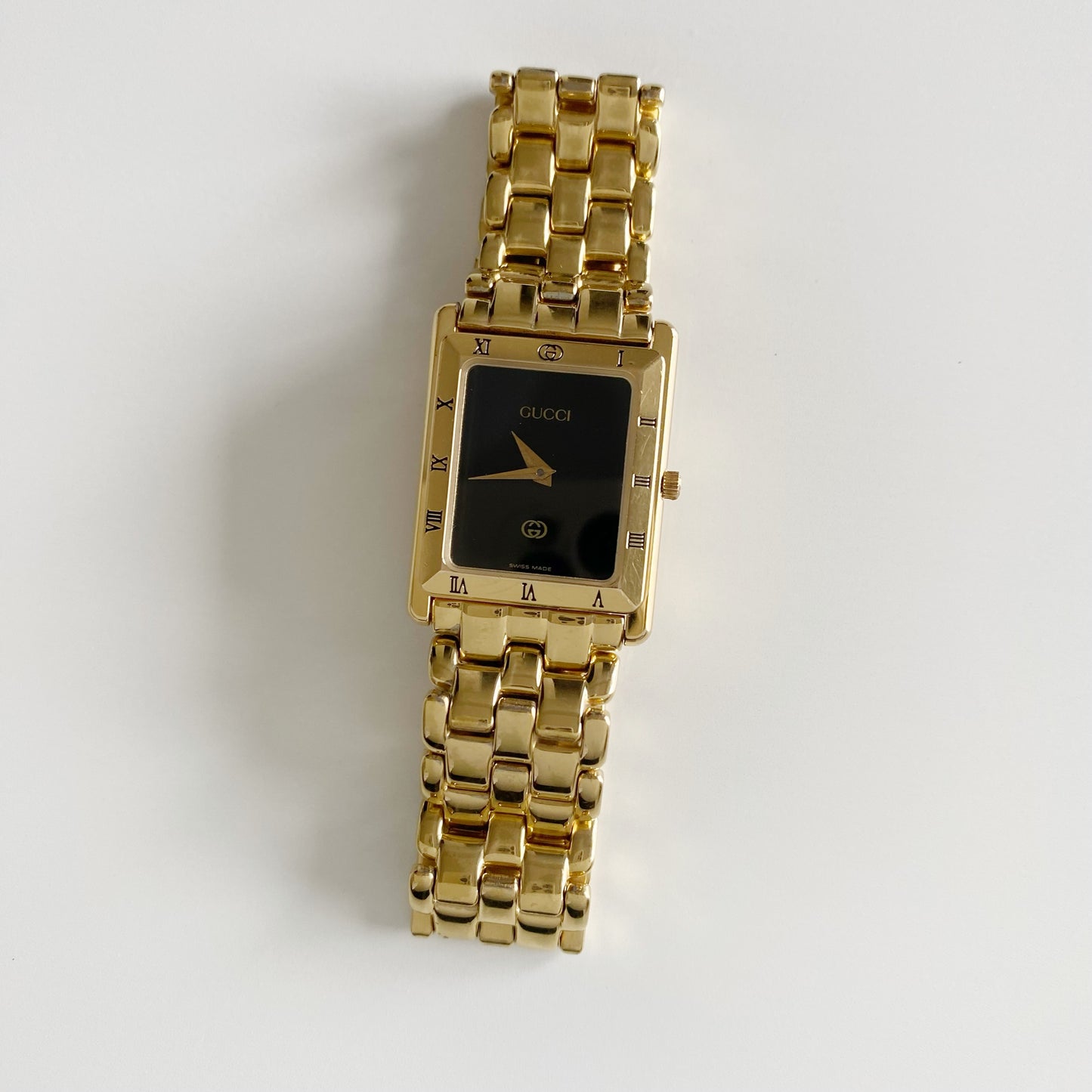 Gucci 1990s Black Dial Tank Gold Plated Watch (Large)