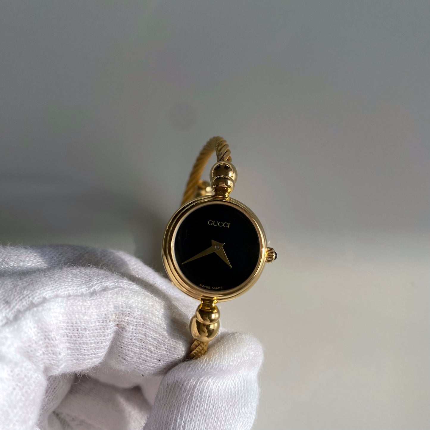 Gucci 1990s Black Dial Gold Plated Bangle Watch