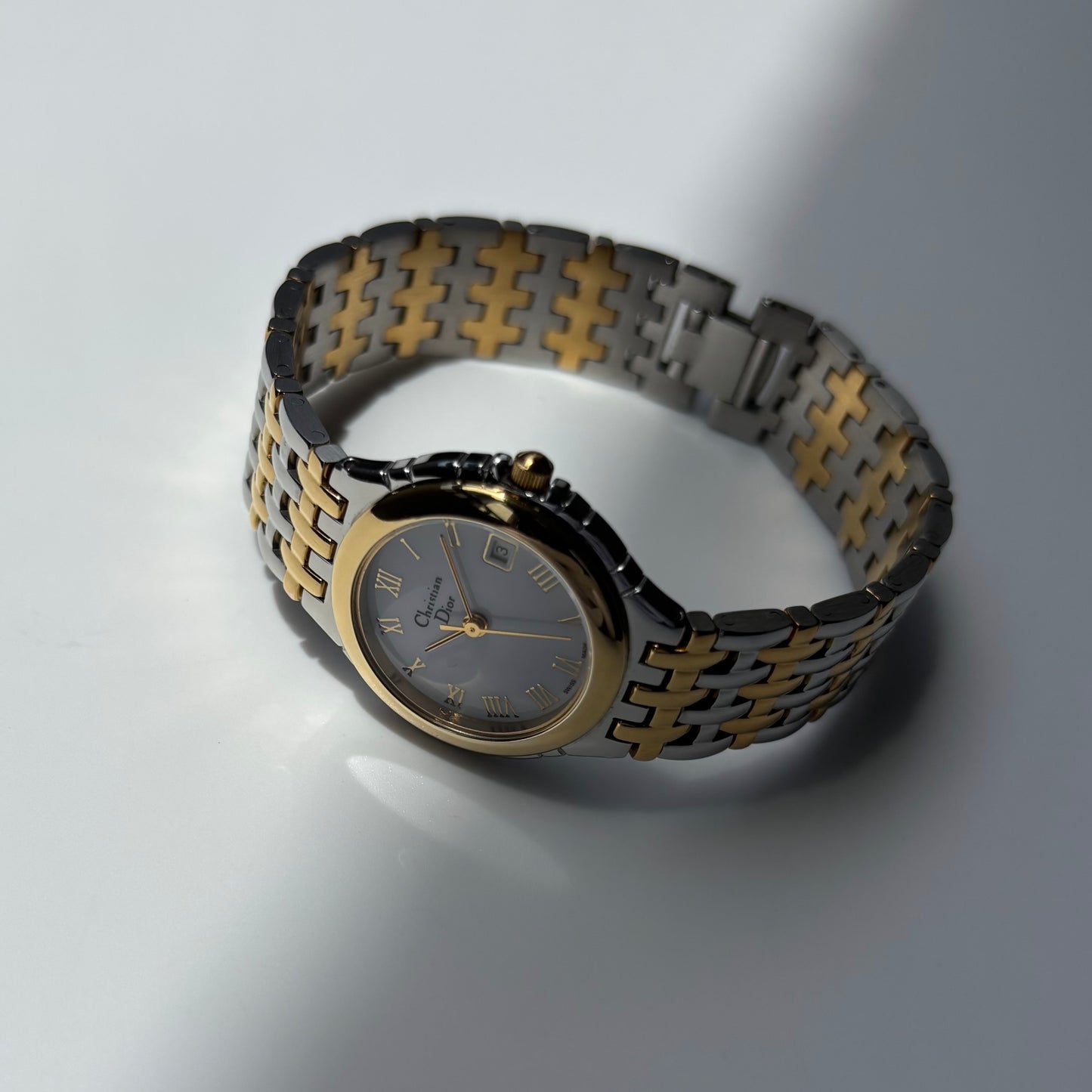 Dior 1990s Date Round Dial Two Tone Gold Plated Watch