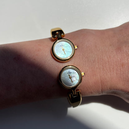 Fendi 1990s Seashell Dial Two Time Zone Gold Plated Bangle Watch