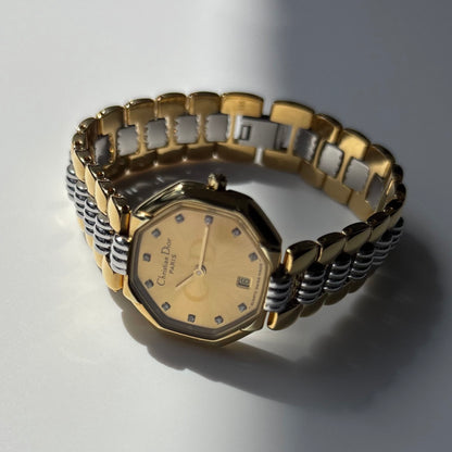 Dior 1990s Octagon Gold Dial Two-Tone Gold-Plated Watch