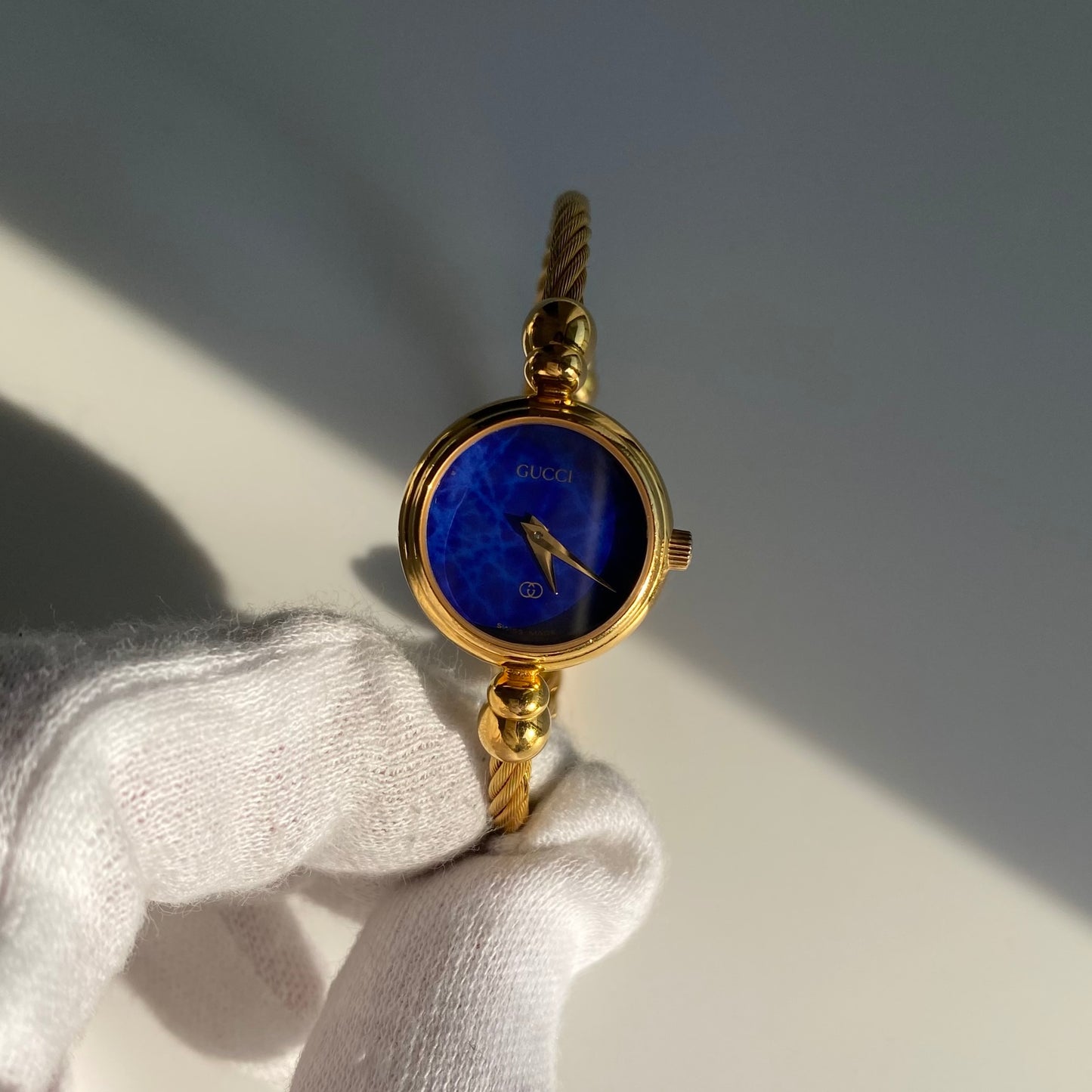 Gucci 1990s Blue Dial Gold Plated Cable Bangle Watch