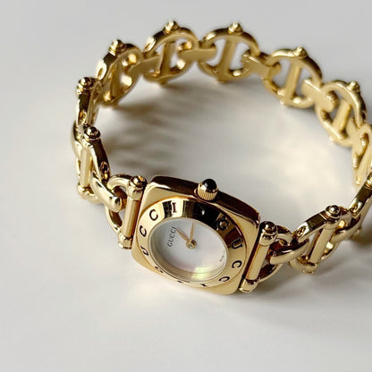 Gucci 1990s Seashell Dial Gold Plated Horsebit Watch