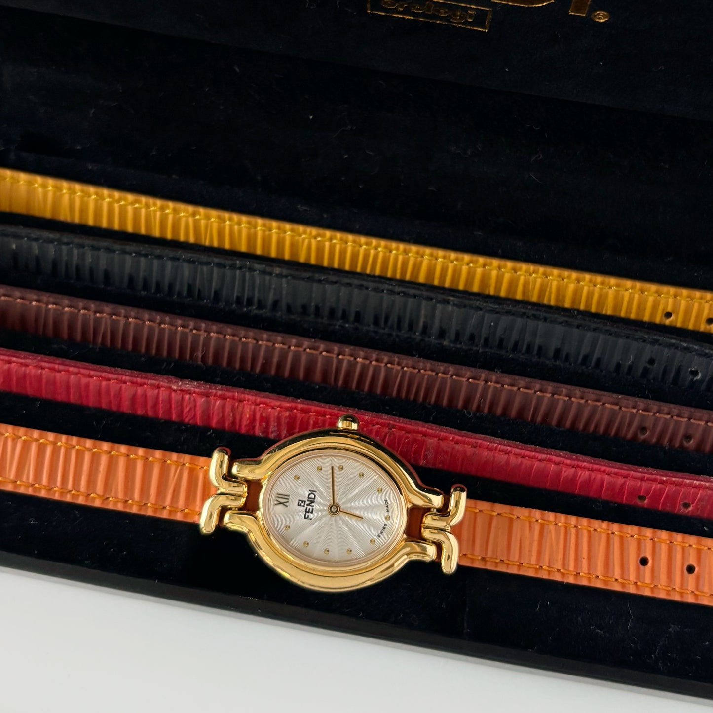 Fendi 1990s Interchangeable Belt Gold Plated  Watch with 5 belts, case