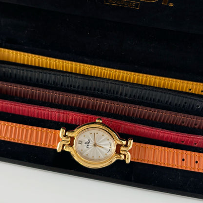 Fendi 1990s Interchangeable Belt Gold Plated  Watch with 5 belts, case
