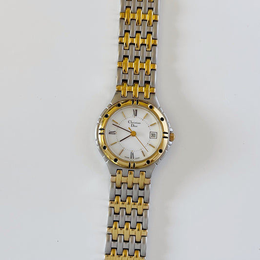 Dior 1990s Date Round Dial Two Tone Watch