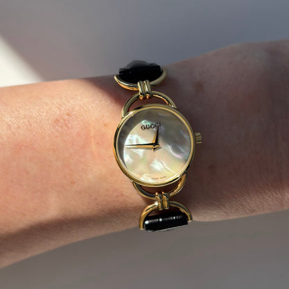 Gucci 1990s Seashell Dial Gold Plate Horsebit Watch