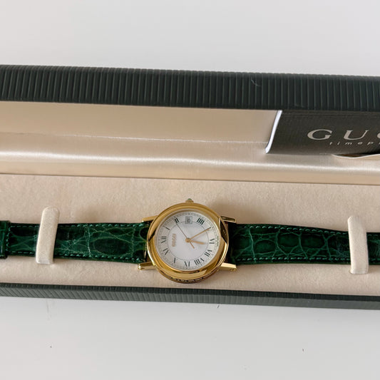 Gucci 1990s Date Round Green Dial Gold-Plated Watch (Large)