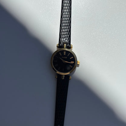 Gucci 1990s Black Round Dial Gold Plated Watch