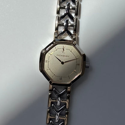 Yves Saint Laurent 1990s Octagon Gold Plated Two Tone Watch