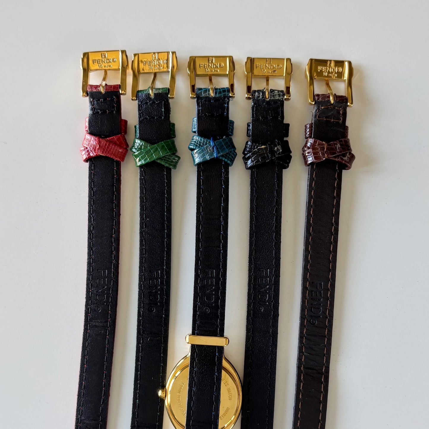 Fendi 1990s Interchangeable Strap Gold Plated Watch with 5 straps, case