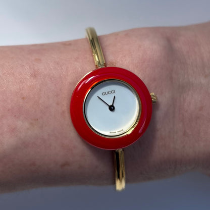 Gucci 1990s Interchangeable Bezel Gold Plated Bangle Watch with 12 bezels, case