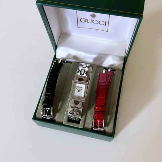 Gucci 1990s Interchangeable Belt Watch with 3 belts, case