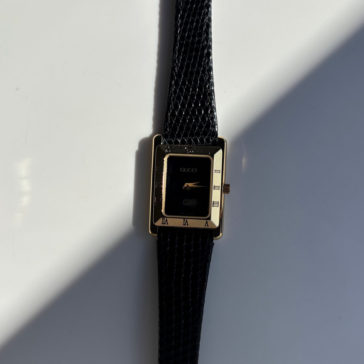 Gucci 1980s Black Dial Tank Gold Plated Watch